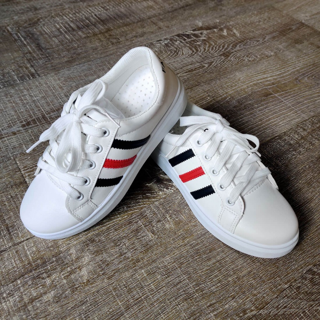 White Shoes with Black & Red stripes